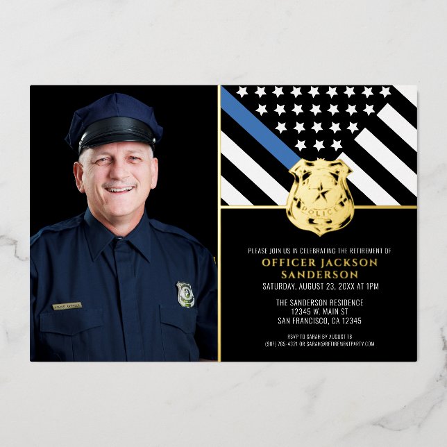 Police Thin Blue Line Flag Photo Retirement Foil Invitation (Front)
