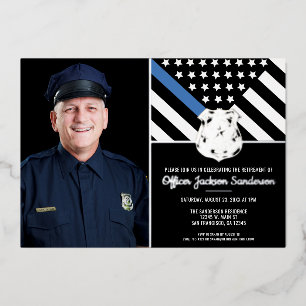 Police Thin Blue Line Flag Photo Retirement Foil Invitation
