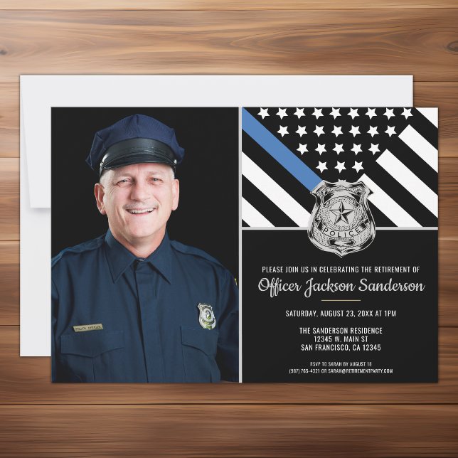 Police Thin Blue Line Flag Photo Retirement Invitation (The perfect customizable photo retirement party invitation for a retiring police officer.)
