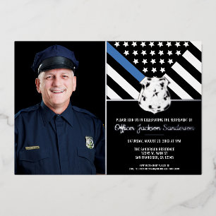 Police Thin Blue Line Flag Photo Retirement Party Foil Invitation