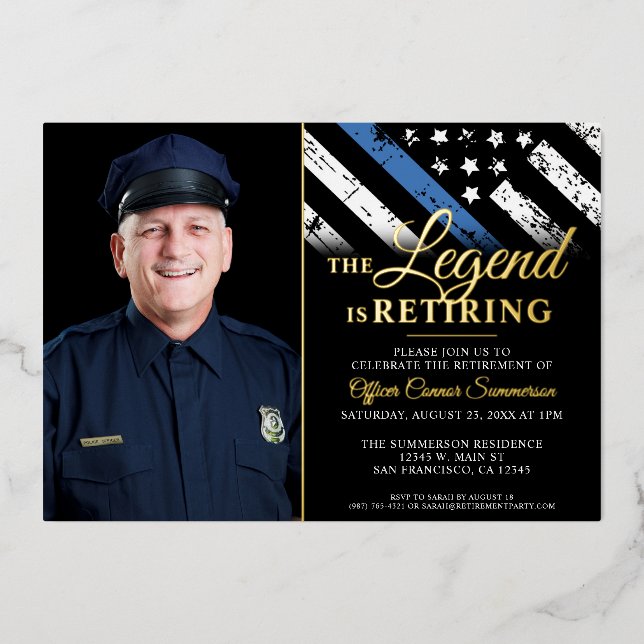 Police Thin Blue Line Flag Retirement Photo Foil Invitation (Front)
