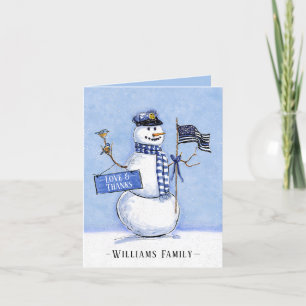 Police Thin Blue Line Flag Snowman Holiday Letterpress Thank You Card