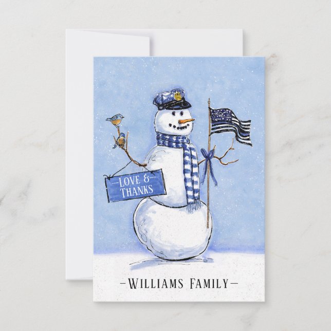 Police Thin Blue Line Flag Snowman Holiday Thank You Card (Front)