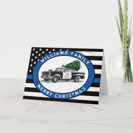 Police Thin Blue Line Flag Vintage Car Christmas Holiday Card