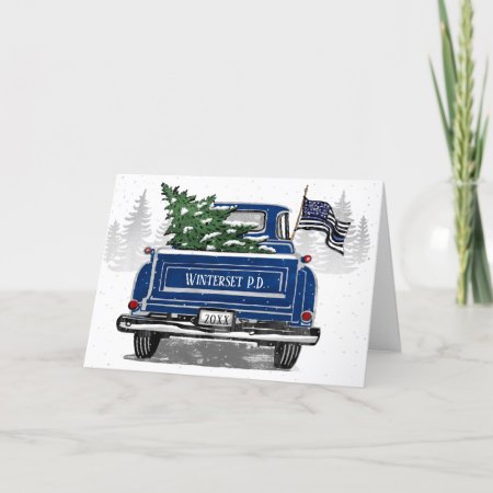 Police Thin Blue Line Flag Vintage Truck Christmas Holiday Card