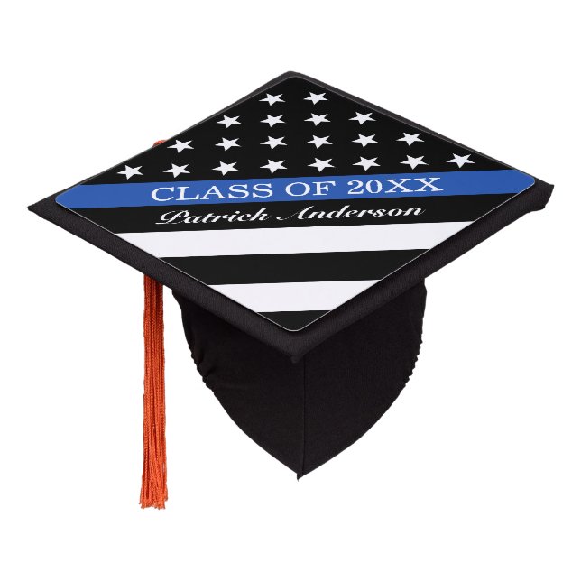 Police Thin Blue Line Flag with Name Graduation Cap Topper (Angled)