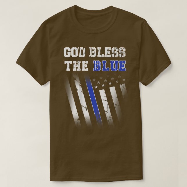 Police Thin Blue Line, God Bless The Blue Printed  T-Shirt (Design Front)
