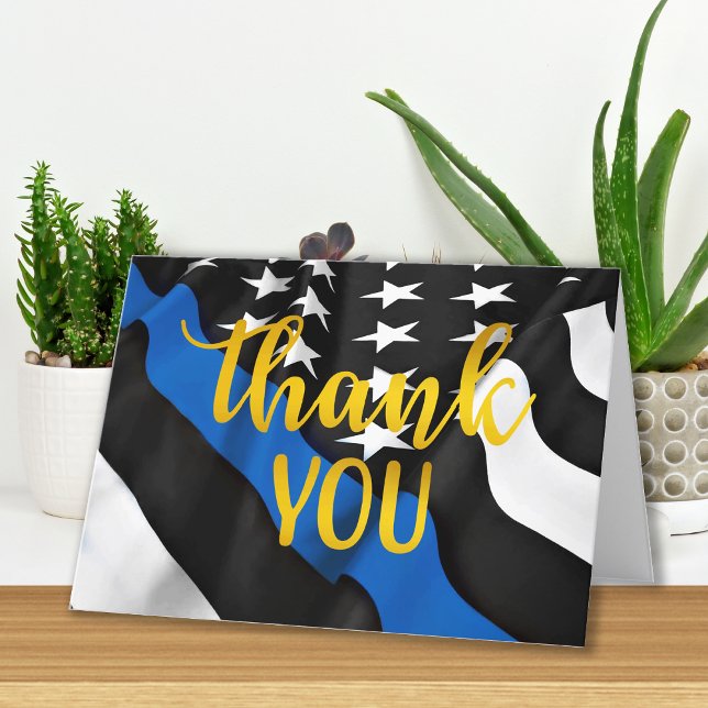 Police Thin Blue Line Gold Script Law Enforcement Letterpress Thank You Card (Creator Uploaded)