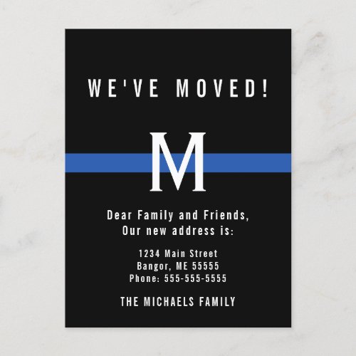 Police Thin Blue Line Monogram Initial Moving Announcement Postcard