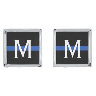 Police Thin Blue Line Monogram Silver Cufflinks