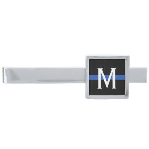 Police Thin Blue Line Monogram Silver Finish Tie Clip