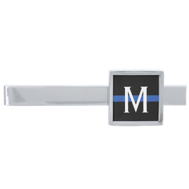 Police Thin Blue Line Monogram Silver Finish Tie Clip (Front)
