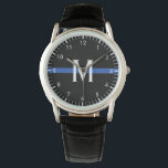 Police Thin Blue Line Monogrammed Initial Watch<br><div class="desc">This watch features a police thin blue line design. It has a horizontal blue stripe on a black background across the center of the watch and a monogram initial in white for you to personalize. It also has white clock numbers and ticks for seconds and hours.</div>