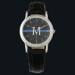 Police Thin Blue Line Monogrammed Watch<br><div class="desc">This women's watch features a police thin blue line design. It has a horizontal blue stripe on a black background across the center of the watch and a monogram initial in white for you to personalize. It also has white numbers and lines for seconds and hours.</div>