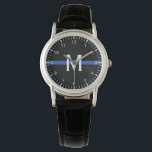 Police Thin Blue Line Monogrammed Watch<br><div class="desc">This women's watch features a police thin blue line design. It has a horizontal blue stripe on a black background across the center of the watch and a monogram initial in white for you to personalize. It also has white numbers and lines for seconds and hours.</div>