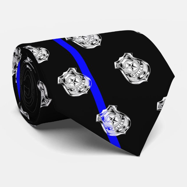 Police Thin Blue Line Officer Badge Pattern Black Neck Tie (Rolled)
