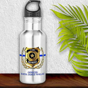 Police Thin Blue Line Officer Shield Personalized Stainless Steel Water Bottle
