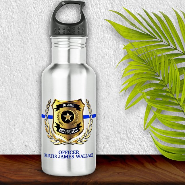 Police Thin Blue Line Officer Shield Personalized  Stainless Steel Water Bottle (Creator Uploaded)