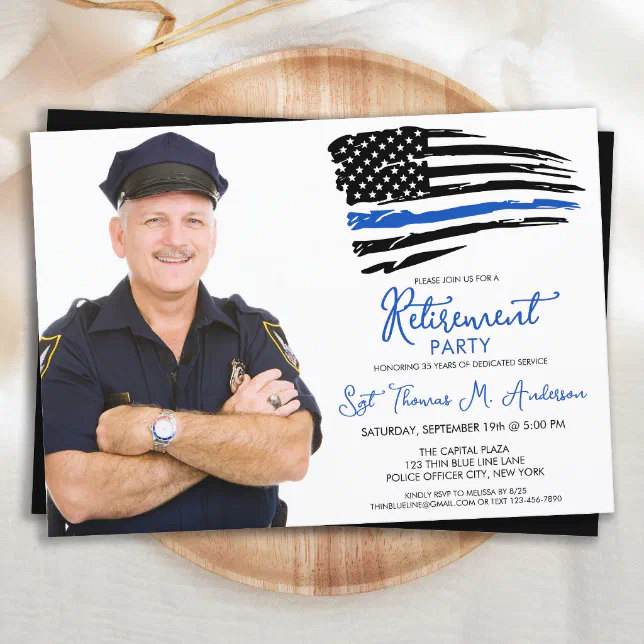 Police Thin Blue Line Personalize Photo Retirement Invitation | Zazzle