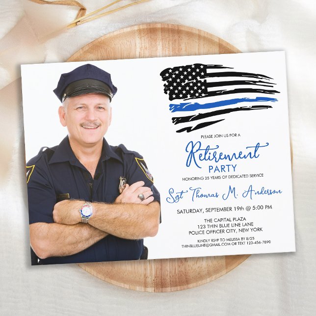 Police Thin Blue Line Personalize Photo Retirement Invitation Postcard (Creator Uploaded)