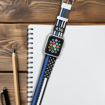 Police Thin Blue Line Personalized Badge Number Apple Watch Band by BlackDogArtJudy at Zazzle