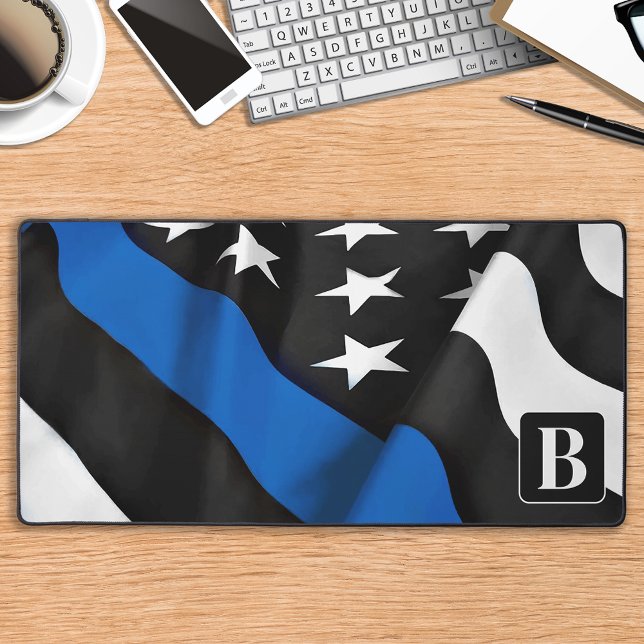 Police Thin Blue Line Personalized Modern Monogram Desk Mat (Creator Uploaded)