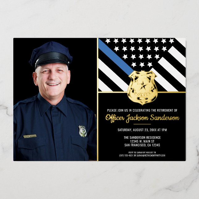 Police Thin Blue Line Photo Retirement Foil Invitation (Front)