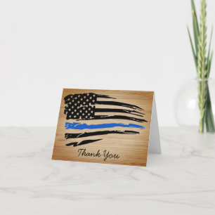 Police Thin Blue Line Rustic American Flag Letterpress Thank You Card