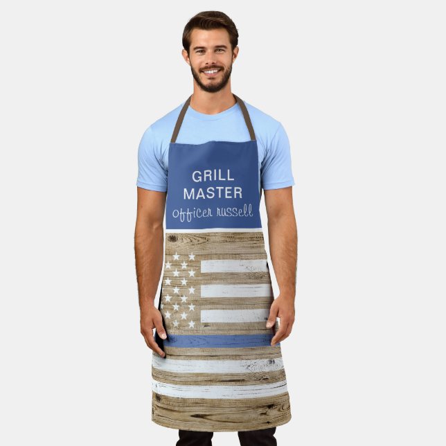 Police Thin Blue Line Rustic USA Flag Personalized Apron (Worn)