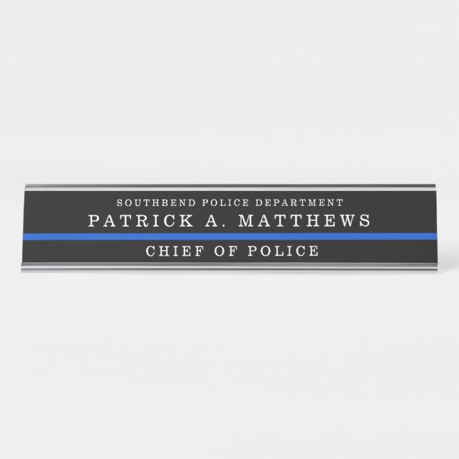 Police Thin Blue Line Simple Monogram Name Desk Name Plate (Front)