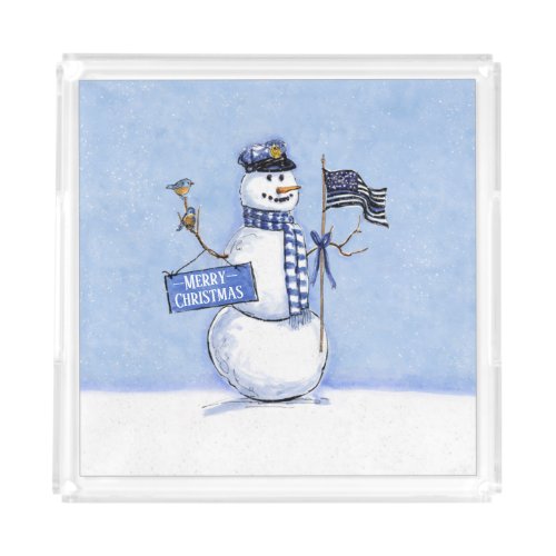 Police Thin Blue Line Snowman Christmas Acrylic Tray