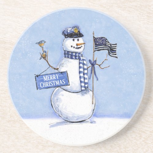 Police Thin Blue Line Snowman Christmas Coaster