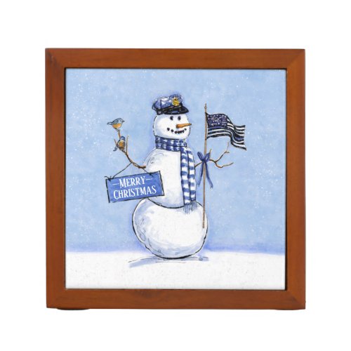 Police Thin Blue Line Snowman Christmas Desk Organizer