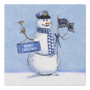 Police Thin Blue Line Snowman Christmas Faux Canvas Print