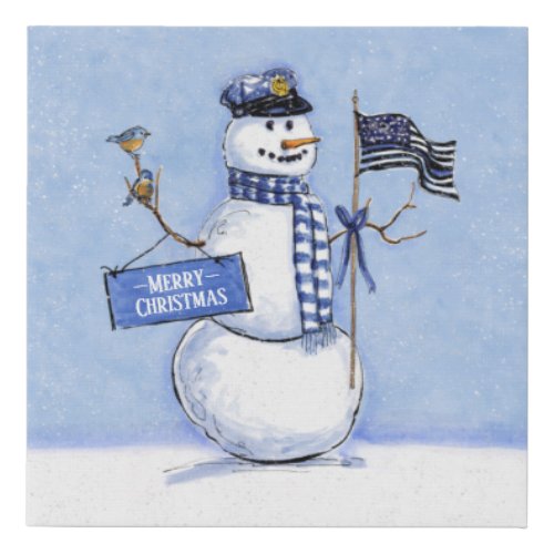 Police Thin Blue Line Snowman Christmas Faux Canvas Print