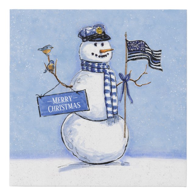 Police Thin Blue Line Snowman Christmas Faux Canvas Print (Front)
