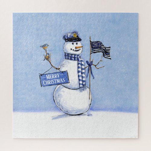 Police Thin Blue Line Snowman Christmas Jigsaw Puzzle