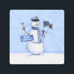 Police Thin Blue Line Snowman Christmas Metal Print<br><div class="desc">This holiday metal art for police officers features an artistically painted snowman wearing a police cap and holding a thin blue line American flag with stars and stripes and holding a sign that says "Merry Christmas". Designed by world renowned artist ©Tim Coffey.</div>