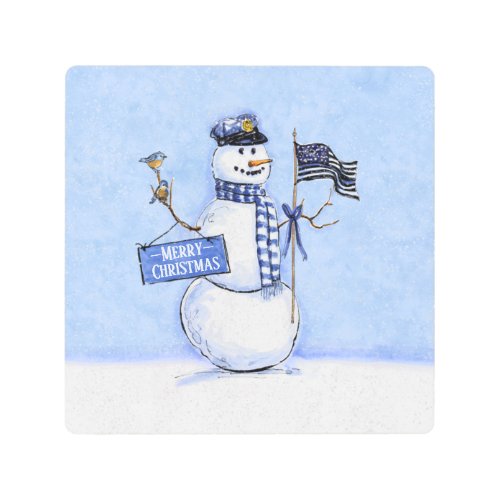 Police Thin Blue Line Snowman Christmas Metal Print