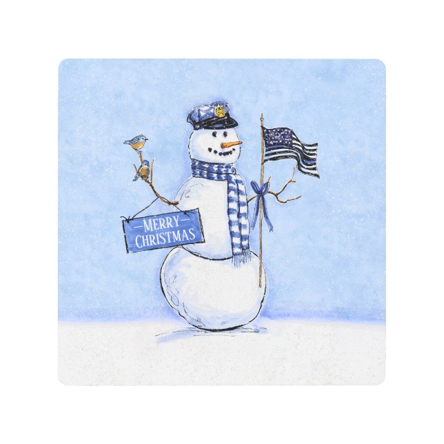 Police Thin Blue Line Snowman Christmas Metal Print (Front)