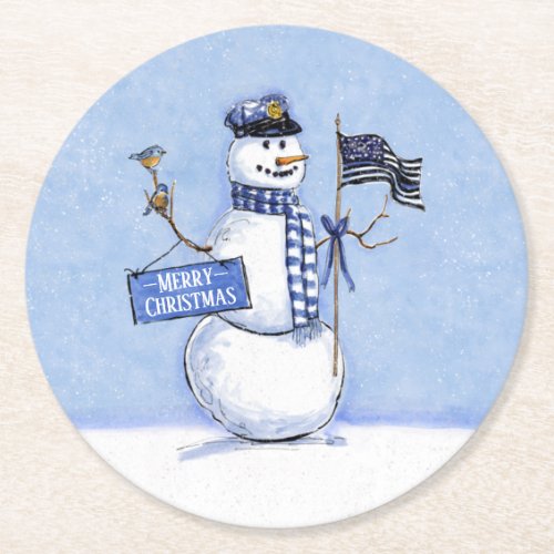 Police Thin Blue Line Snowman Christmas Round Paper Coaster