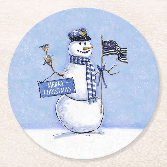 Police Thin Blue Line Snowman Christmas Round Paper Coaster (Front)