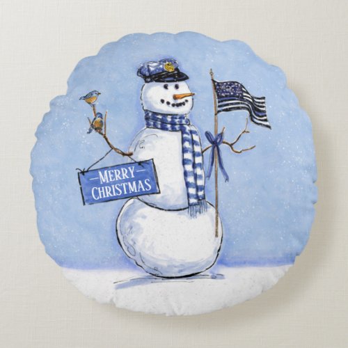 Police Thin Blue Line Snowman Christmas Round Pillow