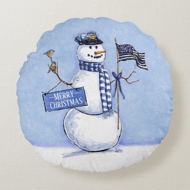 Police Thin Blue Line Snowman Christmas Round Pillow (Front)