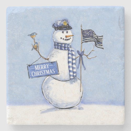 Police Thin Blue Line Snowman Christmas Stone Coaster