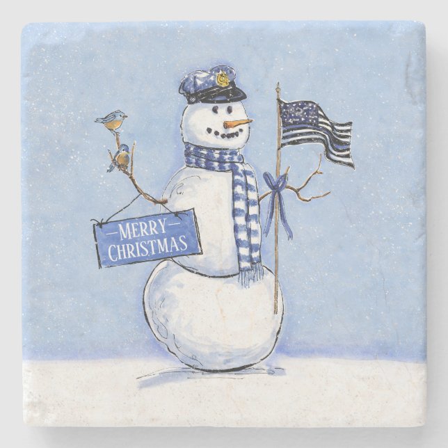 Police Thin Blue Line Snowman Christmas Stone Coaster (Front)