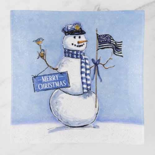 Police Thin Blue Line Snowman Christmas Trinket Tray