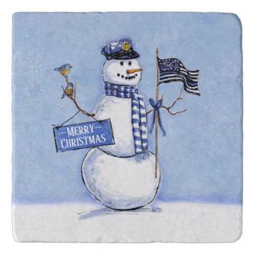 Police Thin Blue Line Snowman Christmas Trivet