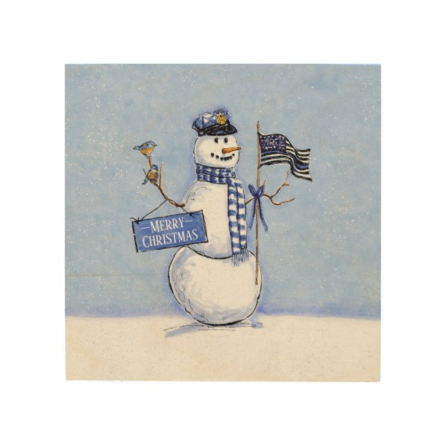 Police Thin Blue Line Snowman Christmas Wood Wall Art (Front)