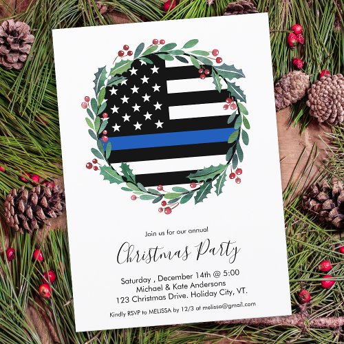 Police Thin Blue Line Wreath Christmas Party Invitation
